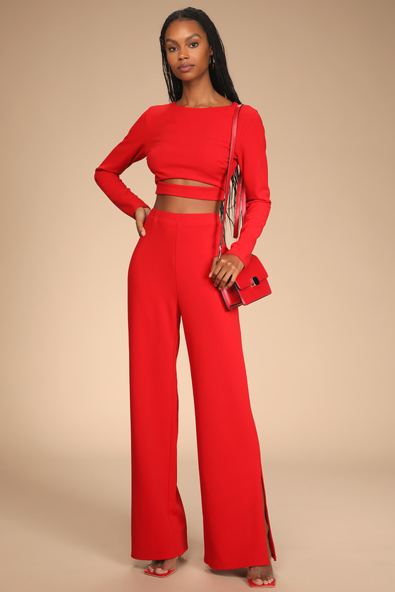 Red Two-Piece Jumpsuit - Long Sleeve ...